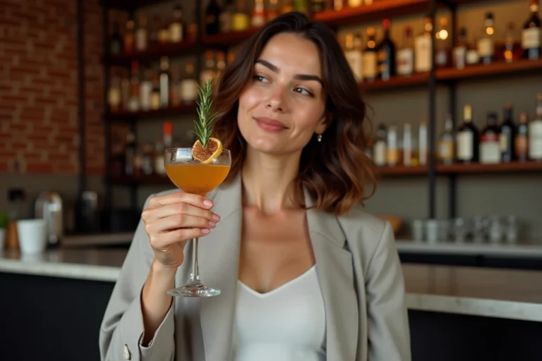 Jeune femme découvrant un cocktail artisanal dans un bar à cocktails de Lille avec décor en briques apparentes