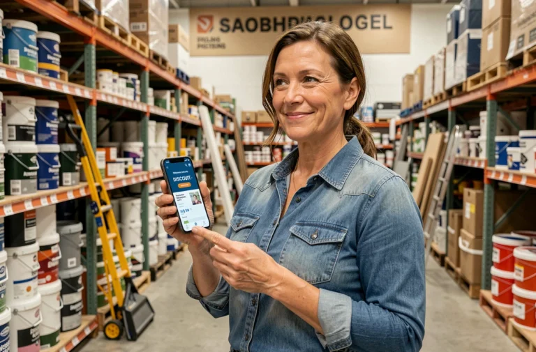 Femme utilisant un code promo Leroy Merlin sur son smartphone dans un magasin de bricolage