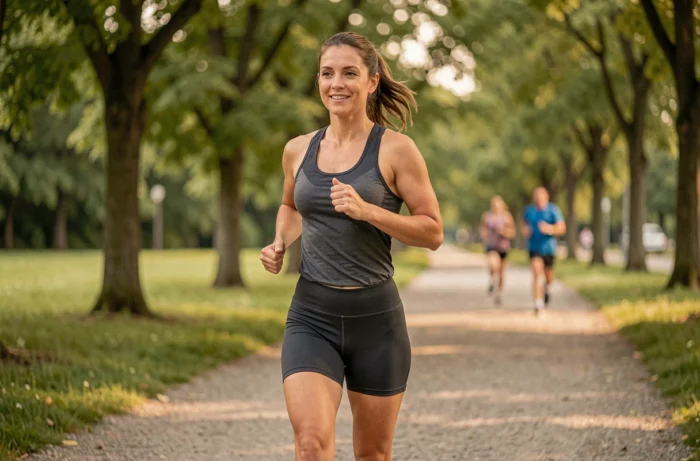 Femme en train de courir sur un sentier de parc urbain portant un short de sport à compression avec ceinture sans couture