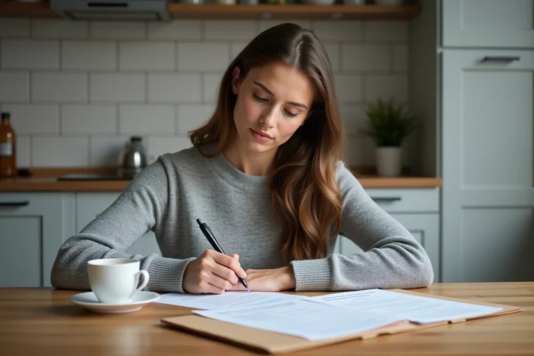 Femme remplissant des formulaires administratifs pour déclarer une séparation à la CAF, assise à une table en bois dans une cuisine d'appartement
