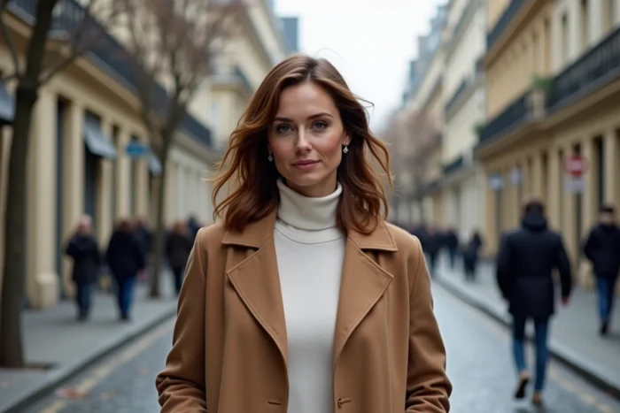 Femme élégante en manteau camel marchant dans une rue pavée parisienne en automne évoquant la discrétion et la vie personnelle