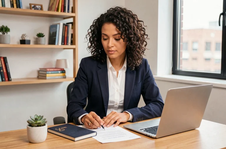 Femme entrepreneure confiante travaillant sur son business en ligne depuis un bureau à domicile moderne et épuré