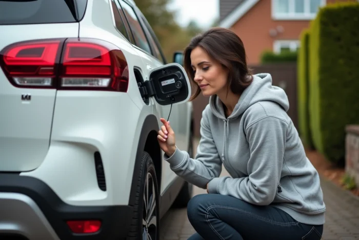 Femme consultant l'étiquette de pression des pneus recommandée sur une Citroën C5 blanche dans une allée résidentielle