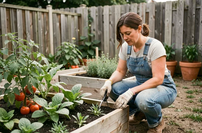 Femme jardinant dans un potager surélevé avec des légumes verts, tomates et herbes aromatiques bien entretenus