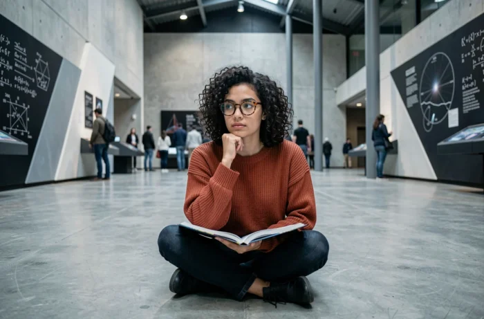Jeune femme lisant un livre de philosophie et de science dans un musée scientifique moderne aux grandes installations visuelles