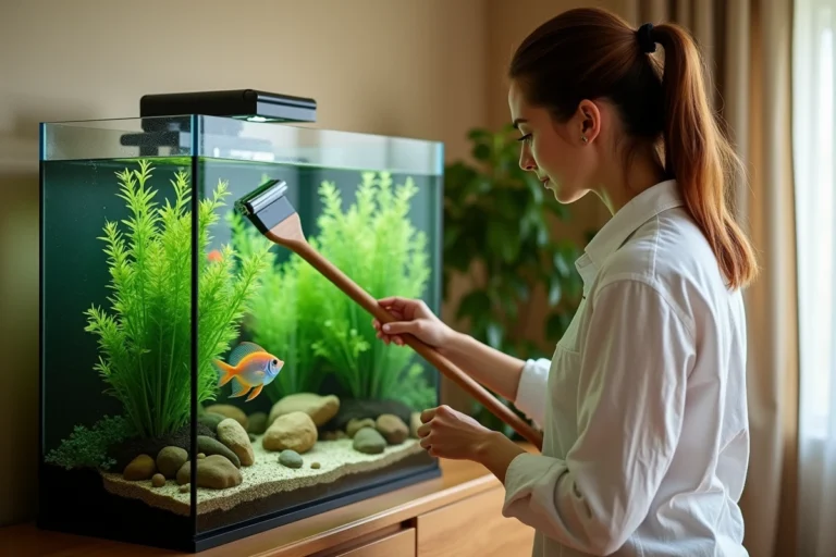 Femme nettoyant la vitre d'un aquarium planté dans un salon moderne, gestion simplifiée de l'aquarium au quotidien