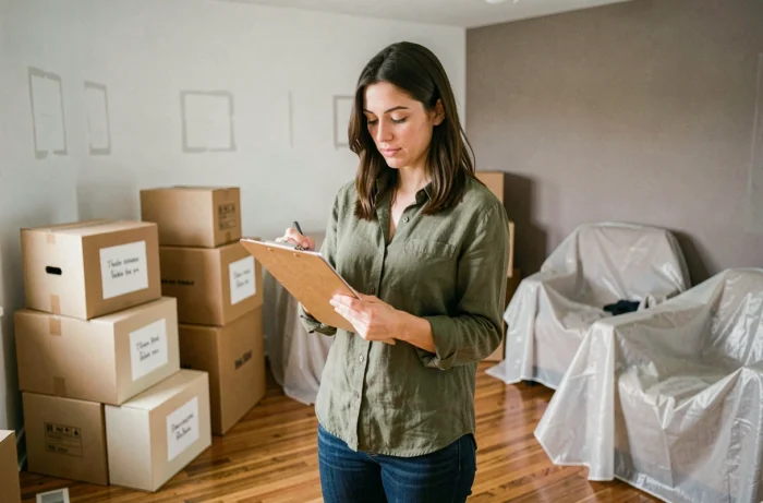 Femme organisant son déménagement avec une liste de contrôle dans un salon à moitié emballé entouré de cartons étiquetés