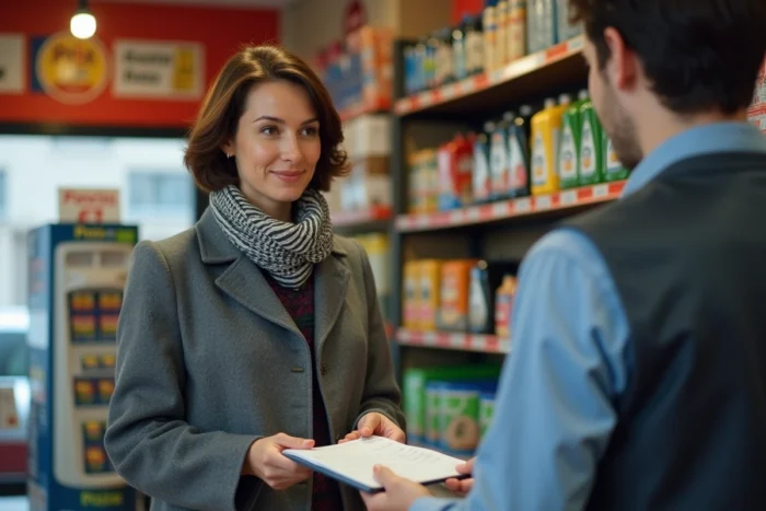Femme réglant un achat de carburant par chèque à la caisse d'une station service en France