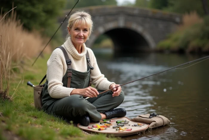 Femme installée au bord d'un ruisseau de campagne préparant son matériel de pêche avec des leurres colorés sur une pochette en toile, activité originale et relaxante