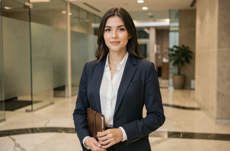 Jeune femme professionnelle en blazer marine se préparant pour un entretien dans un hall d'entreprise moderne