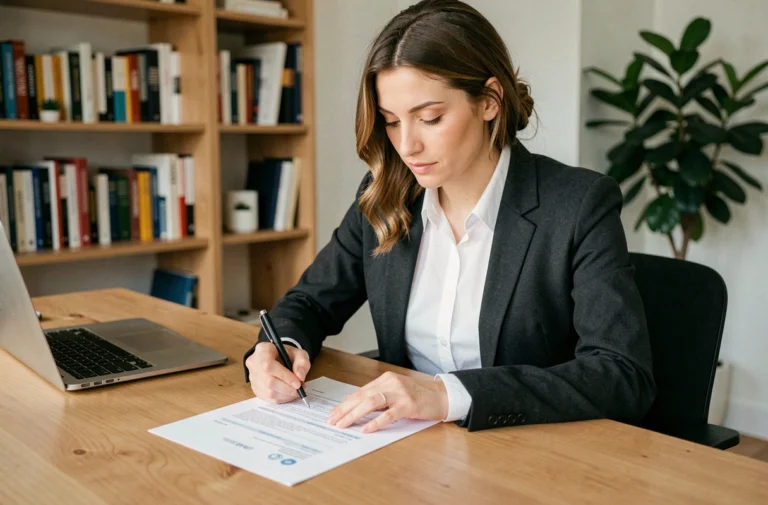 Femme professionnelle en blazer relisant un CV imprimé à son bureau à domicile