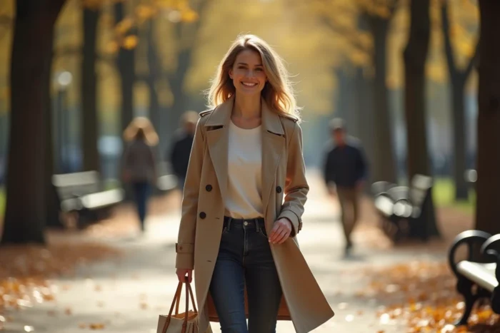 Jeune femme indépendante se promenant dans un parc parisien en automne, symbolisant le célibat assumé et la vie personnelle épanouie