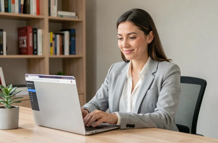 Femme professionnelle cherchant un emploi sur une plateforme en ligne depuis son bureau à domicile