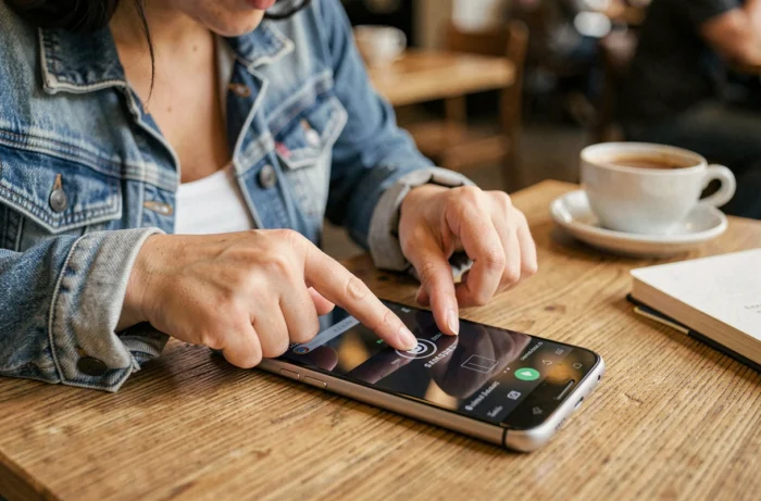 Femme tentant un redémarrage forcé sur un Samsung Galaxy avec écran noir dans un café