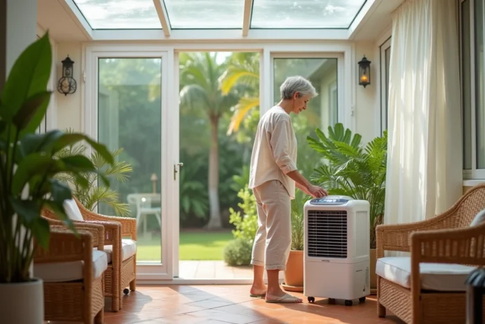 Femme installant un refroidisseur évaporatif dans une véranda en polycarbonate pour lutter contre la chaleur estivale