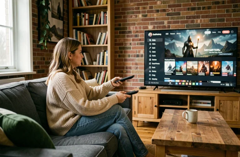Femme regardant Game of Thrones en streaming sur sa télévision depuis son canapé
