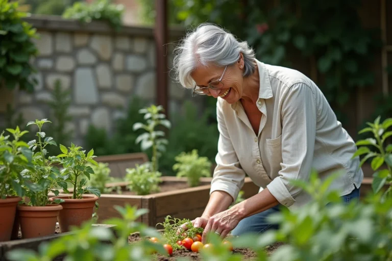 Femme retraitée souriante qui jardine dans son potager, profitant de sa retraite active en plein air