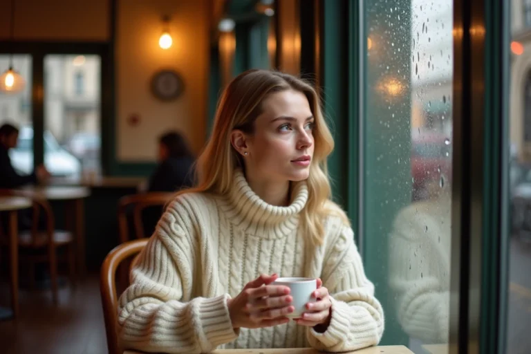 Jeune femme seule dans un café parisien, pensive devant une tasse de café, illustrant la vie amoureuse et le célibat en 2026