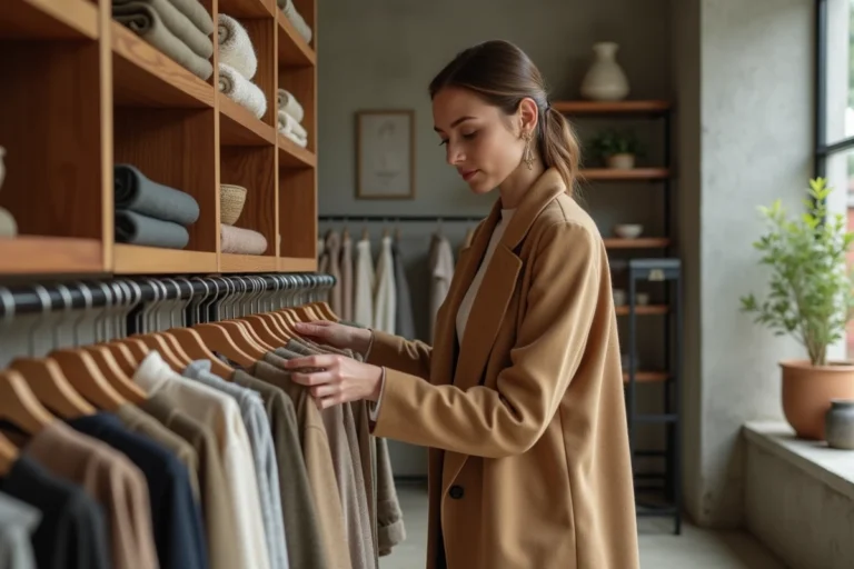 Femme élégante en manteau camel explorant les vêtements dans une boutique de mode concept store au design contemporain