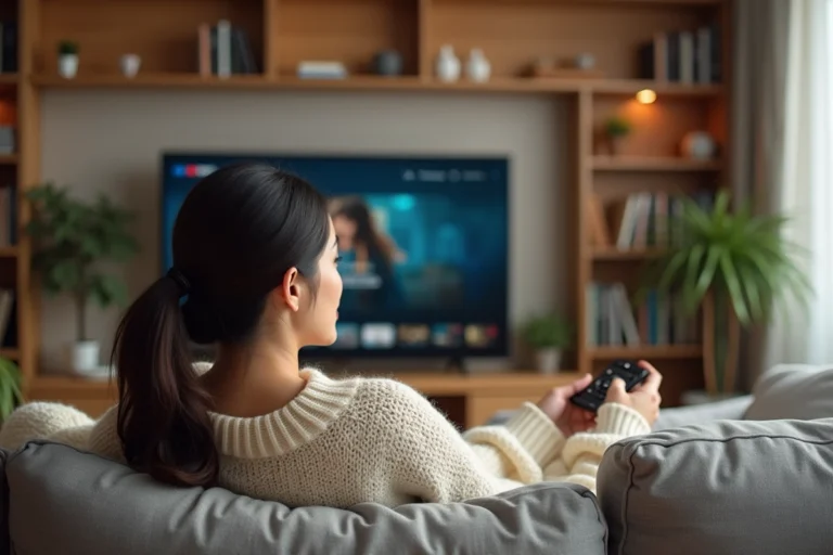 Femme en pull confortable naviguant sur une plateforme de streaming légale depuis son canapé