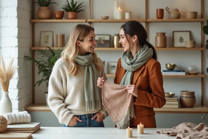Deux femmes découvrant un foulard tendance dans une boutique lifestyle minimaliste aux étagères décoratives soignées