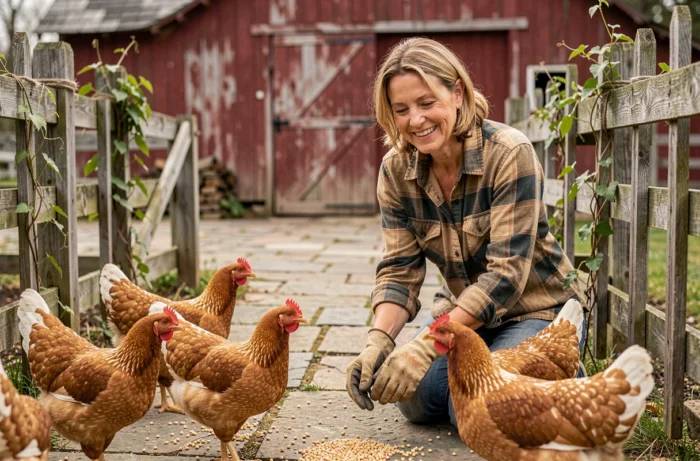 Fermière nourrissant des poules dans la cour d'une ferme traditionnelle avec grange en bois