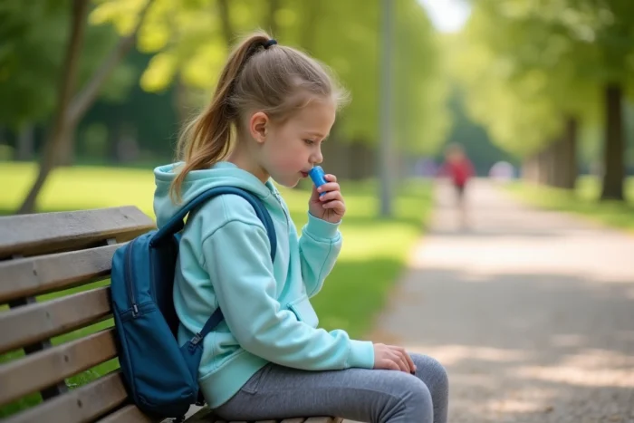 Jeune fille utilisant son inhalateur pour l'asthme pendant une pause dans un parc en plein air