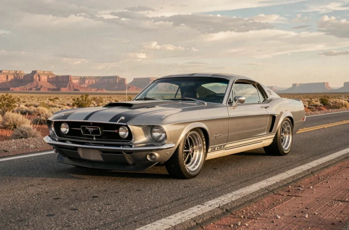 Ford Shelby GT500 Eleanor grise avec bandes de course sur une route désertique américaine, vue trois quarts avant en grand angle