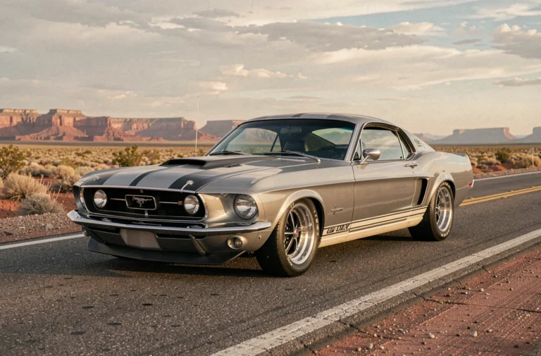Ford Shelby GT500 Eleanor grise avec bandes de course sur une route désertique américaine, vue trois quarts avant en grand angle