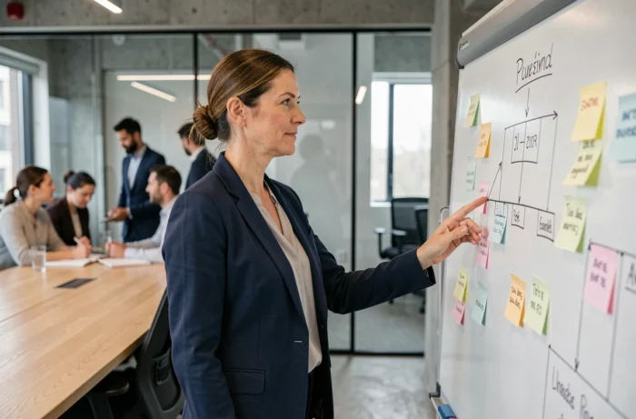 Formatrice professionnelle animant une session de formation en entreprise devant un tableau de stratégie