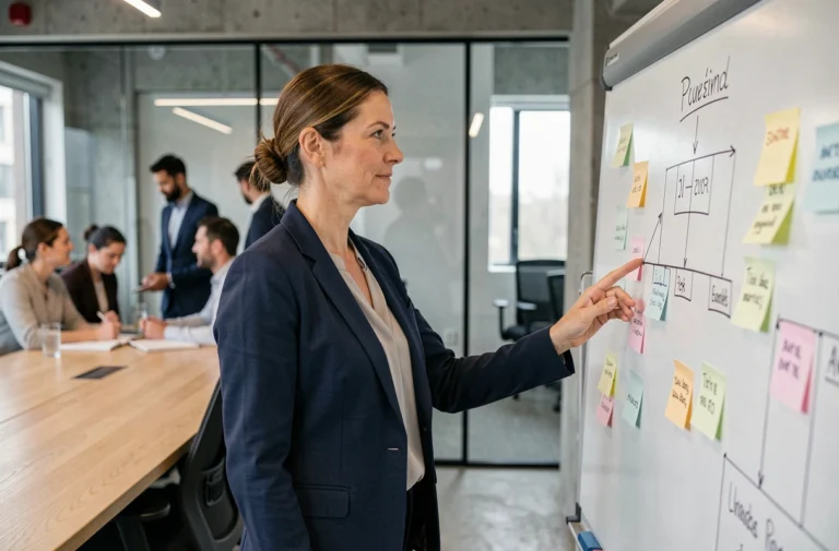 Formatrice professionnelle animant une session de formation en entreprise devant un tableau de stratégie