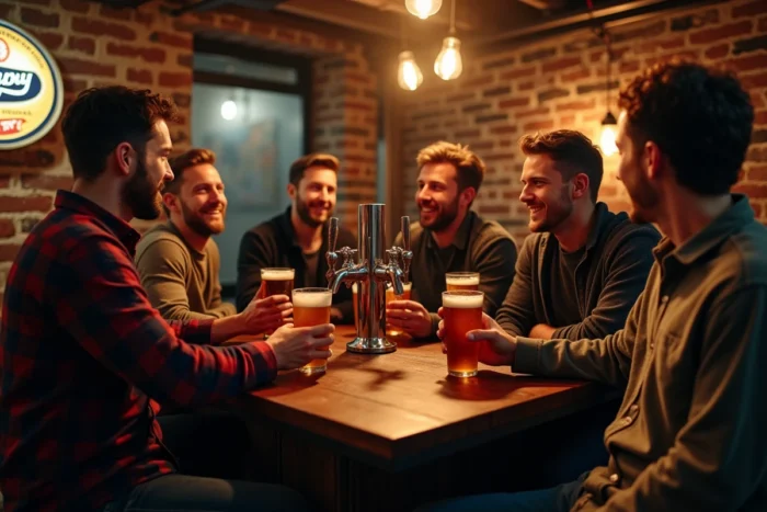 Groupe d'amis animés autour d'un bar avec fûts panachés dans un sous-sol convivial aménagé