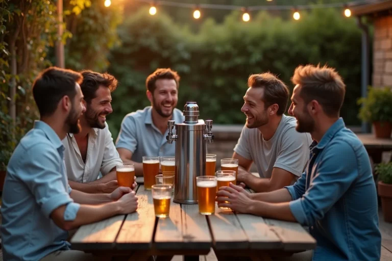 Groupe d'amis réunis en terrasse autour d'un fût panaché pour une soirée conviviale en été