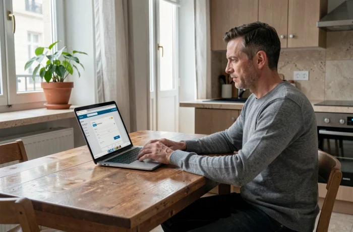 Un homme gère ses comptes bancaires en ligne depuis son domicile sur un ordinateur portable, illustrant les services numériques Société Générale pour particuliers