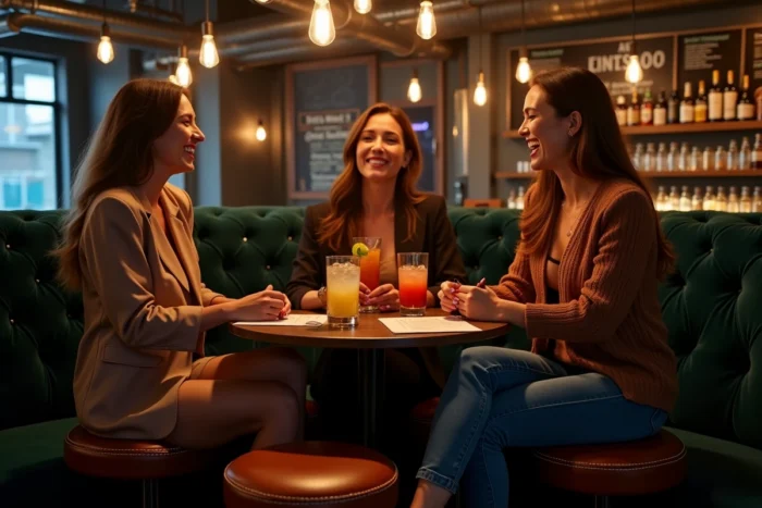 Groupe d'amis savourant des cocktails variés dans un bar tendance à Lille