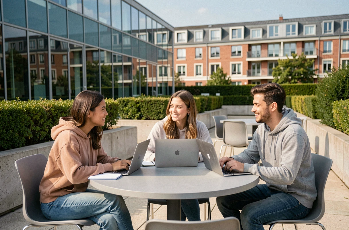 Groupe d'étudiants discutant de leurs choix de formations Bachelor ou BTS en terrasse sur un campus universitaire français