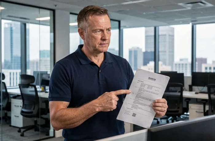 Homme d'affaires expérimenté analysant les sections clés d'un CV dans un bureau en open space