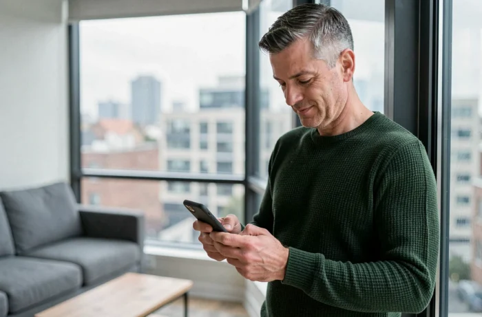 Homme d'âge moyen utilisant une application mobile de recherche d'emploi près d'une fenêtre avec vue urbaine
