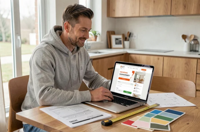 Homme recherchant un code promo en ligne pour économiser sur des achats de rénovation Leroy Merlin