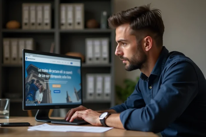 Homme effectuant une déclaration de séparation en ligne sur le site de la CAF depuis un bureau à domicile