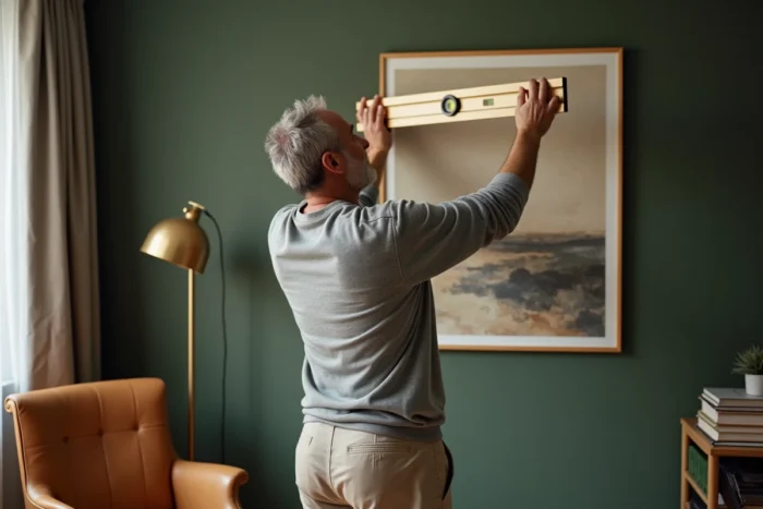 Homme accrochant un tableau encadré sur un mur vert olive dans un bureau à domicile décoré avec un fauteuil en cuir vintage
