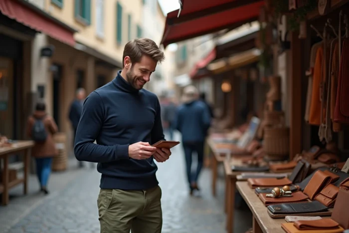 Homme parcourant un marché artisanal en plein air avec des accessoires en cuir et objets lifestyle uniques
