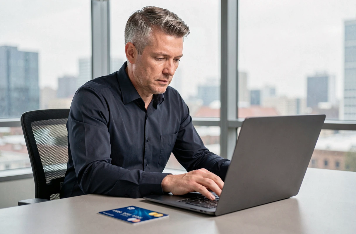 Homme saisissant les informations de sa carte bancaire avec la date MM AA visible sur le bureau