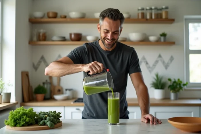 Homme versant un smoothie vert préparé avec un mixeur blender Top Chef dans un verre dans une cuisine moderne