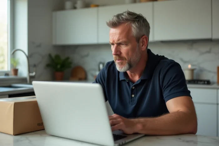 Homme déposant une réclamation en ligne pour une commande Carrefour incomplète depuis sa cuisine