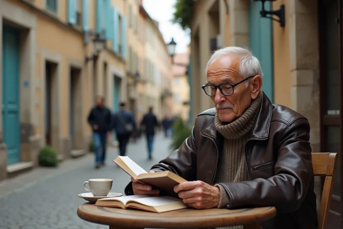 Homme senior retraité lisant un livre en terrasse de café dans un village français pittoresque