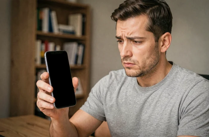 Homme frustré tenant un Samsung Galaxy avec un écran noir non réactif dans un bureau à domicile