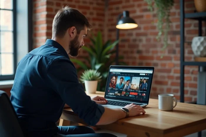 Homme regardant des films en streaming légal sur ordinateur portable dans un bureau à domicile