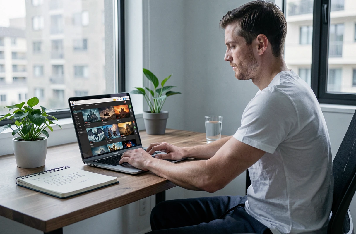 Homme naviguant sur une plateforme de streaming pour regarder une série fantasy sur son ordinateur portable