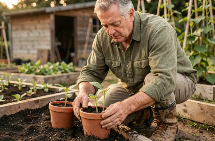 Homme transplantant des jeunes plants de légumes dans un potager en pleine terre avec du compost enrichi